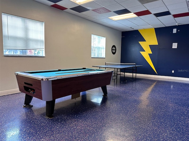 game room featuring a paneled ceiling and billiards