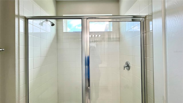 bathroom featuring a shower with shower door