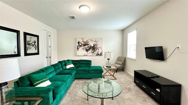 living room featuring light carpet and a textured ceiling