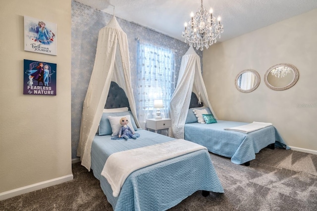 bedroom with a textured ceiling, a notable chandelier, and dark colored carpet