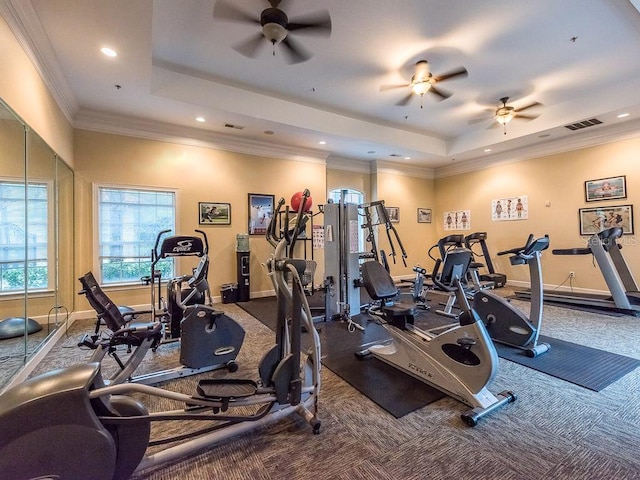 exercise room featuring ornamental molding, ceiling fan, a tray ceiling, and dark colored carpet