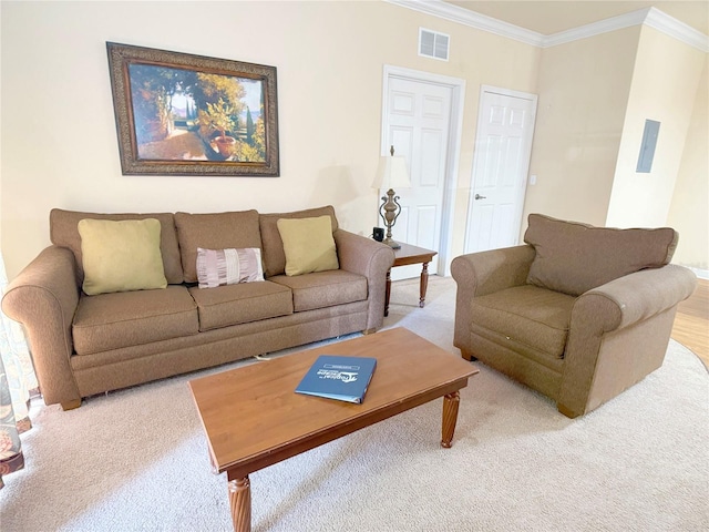 living room featuring light carpet and ornamental molding