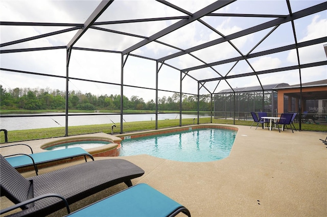 view of pool featuring an in ground hot tub, a water view, a lanai, and a patio