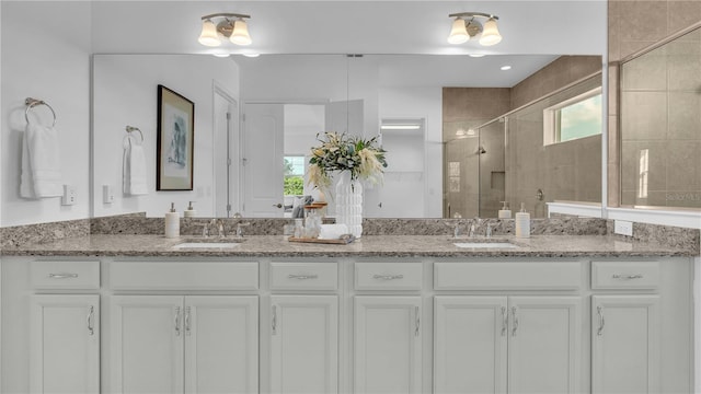 bathroom with vanity and a shower with shower door