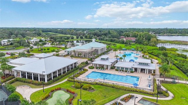 drone / aerial view featuring a water view