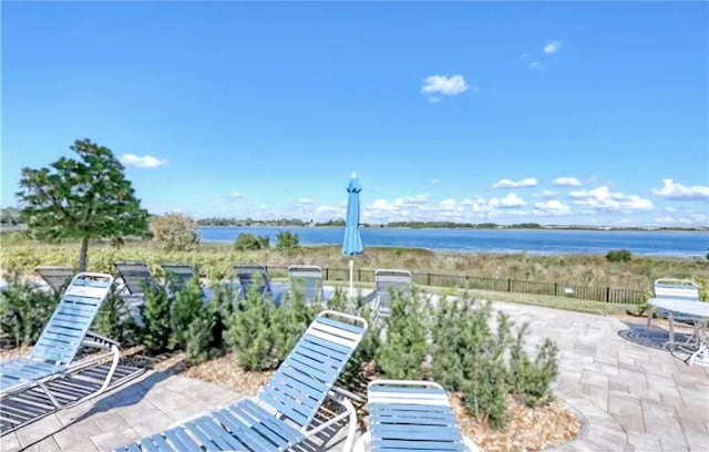 view of patio featuring a water view