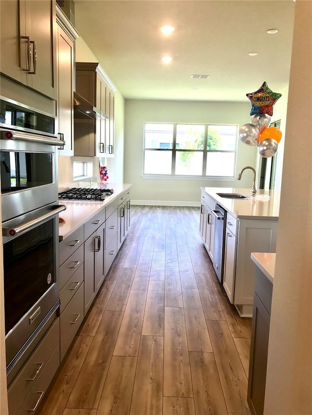 kitchen featuring dark wood-type flooring, gray cabinets, stainless steel appliances, and sink