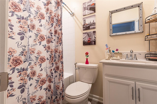 full bathroom with shower / bath combination with curtain, toilet, and vanity