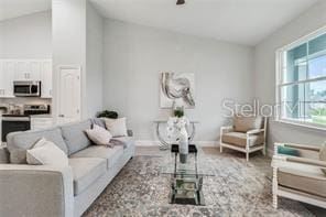 living room with hardwood / wood-style flooring and vaulted ceiling