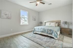 bedroom with light hardwood / wood-style floors and ceiling fan