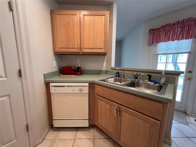 kitchen with sink, white dishwasher, kitchen peninsula, and light tile flooring