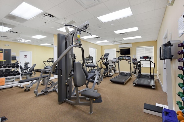 gym featuring a wall mounted air conditioner, carpet floors, ceiling fan, and a paneled ceiling