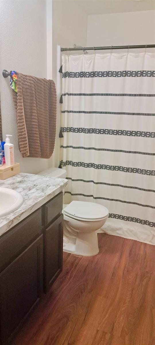 bathroom with toilet, wood-type flooring, and vanity