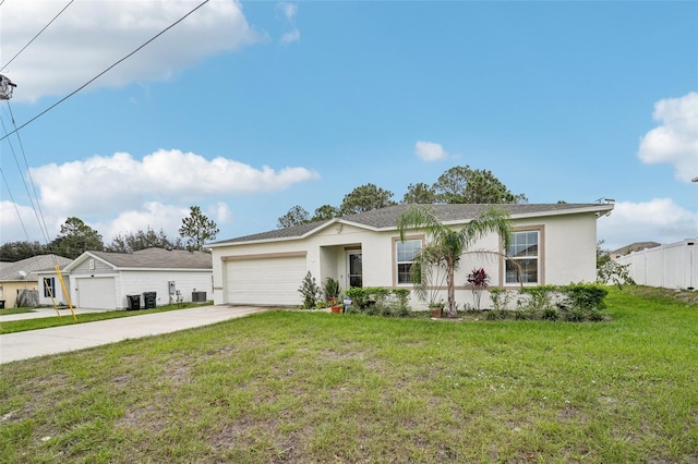 ranch-style home featuring a front lawn and a garage