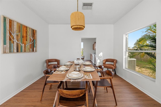 dining room with dark hardwood / wood-style flooring, a wealth of natural light, and a textured ceiling