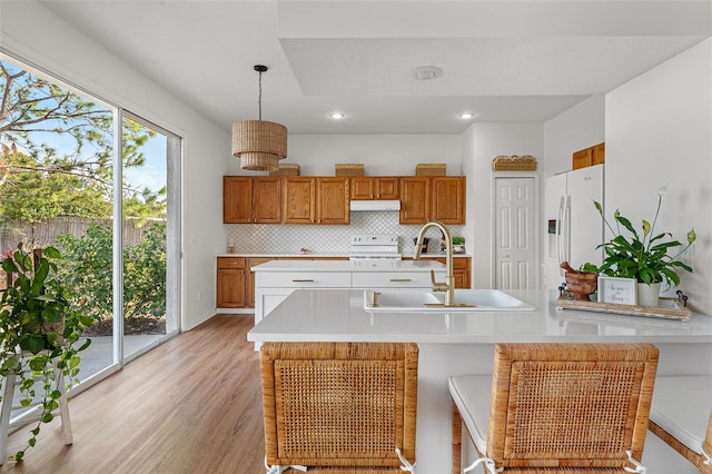 kitchen with pendant lighting, a kitchen breakfast bar, tasteful backsplash, light hardwood / wood-style flooring, and white appliances