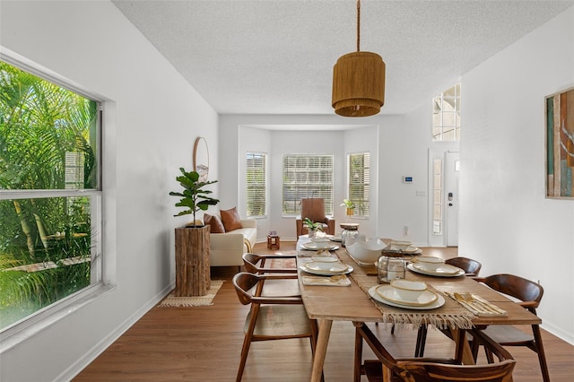 dining room featuring dark hardwood / wood-style floors and a textured ceiling