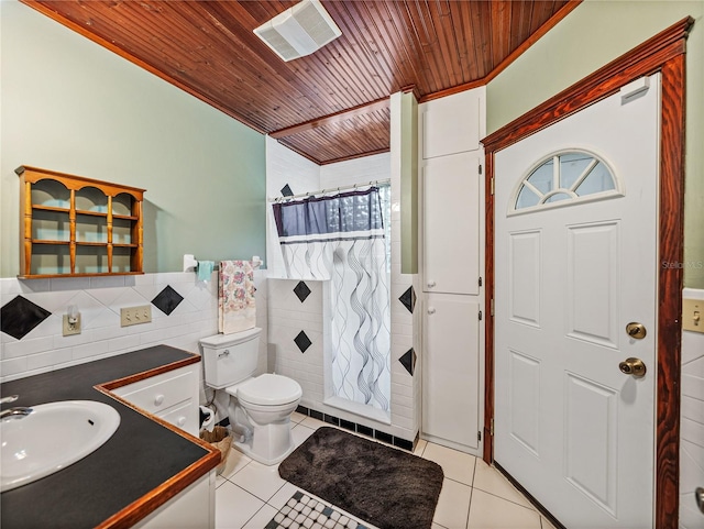 bathroom with tile walls, tile flooring, toilet, and wood ceiling