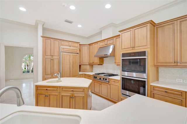 kitchen with a kitchen island with sink, under cabinet range hood, a sink, light countertops, and appliances with stainless steel finishes