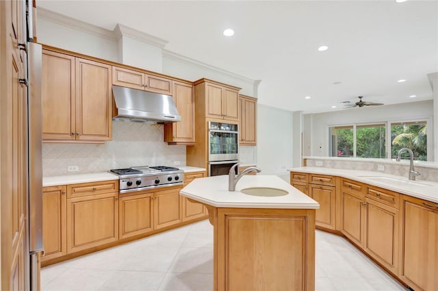 kitchen with appliances with stainless steel finishes, light countertops, a kitchen island with sink, and under cabinet range hood