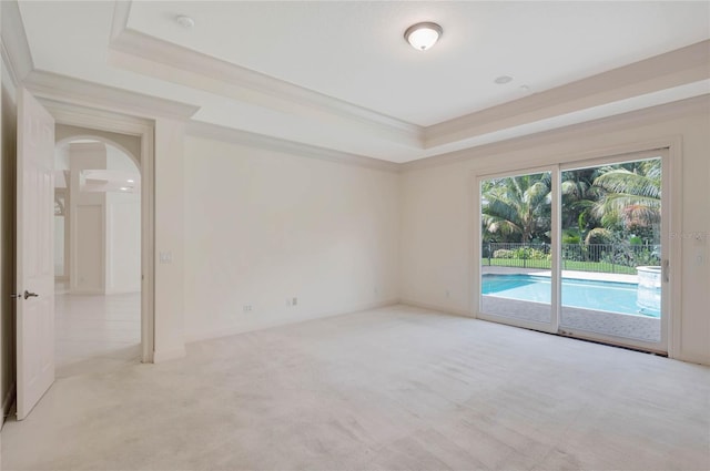 empty room with light carpet, a tray ceiling, and crown molding