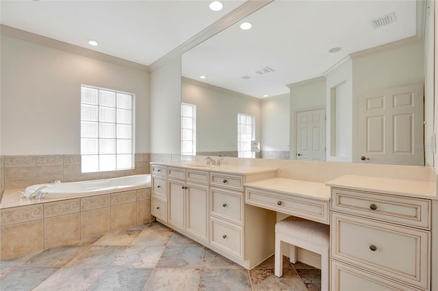 full bathroom with ornamental molding, visible vents, vanity, and a bath