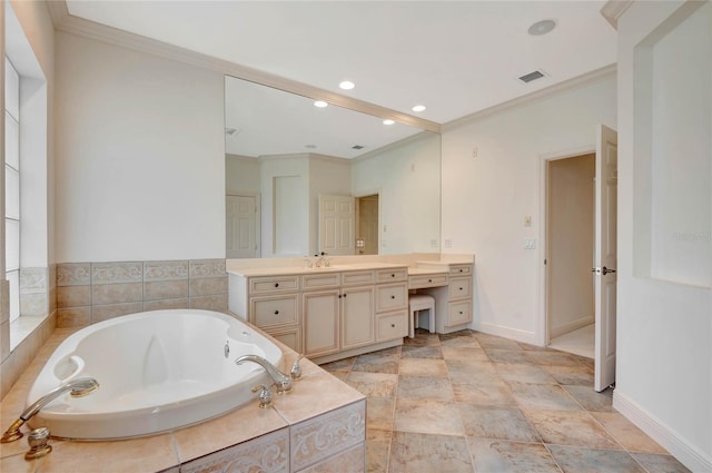 bathroom featuring baseboards, vanity, visible vents, and crown molding