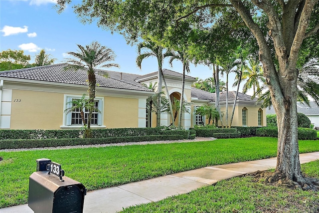 view of front of property featuring a front lawn and stucco siding