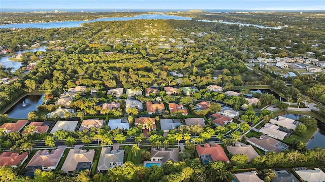 aerial view with a water view and a residential view