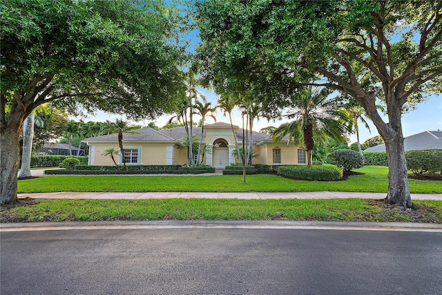 view of front of home featuring stucco siding and a front lawn