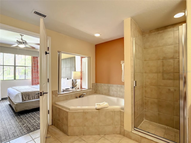 bathroom featuring tile flooring, ceiling fan, and shower with separate bathtub