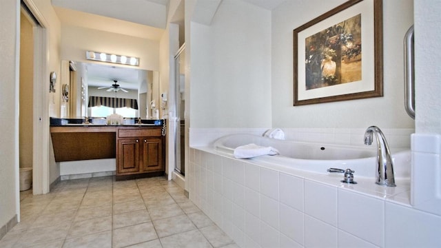 bathroom featuring vanity, tile flooring, ceiling fan, and shower with separate bathtub