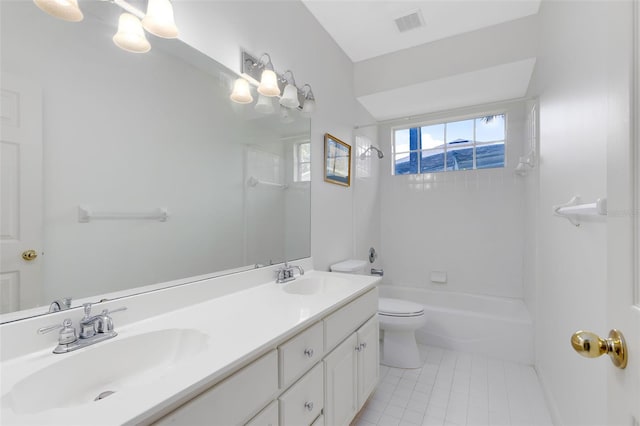 full bathroom with tile flooring, double sink, toilet, bathtub / shower combination, and oversized vanity