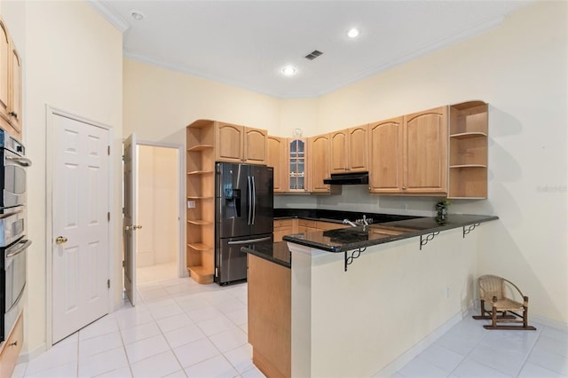 kitchen with black fridge with ice dispenser, light brown cabinets, kitchen peninsula, crown molding, and light tile floors