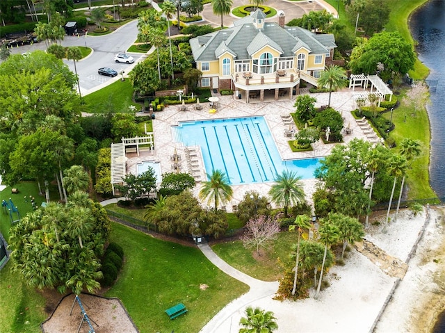 aerial view featuring a water view