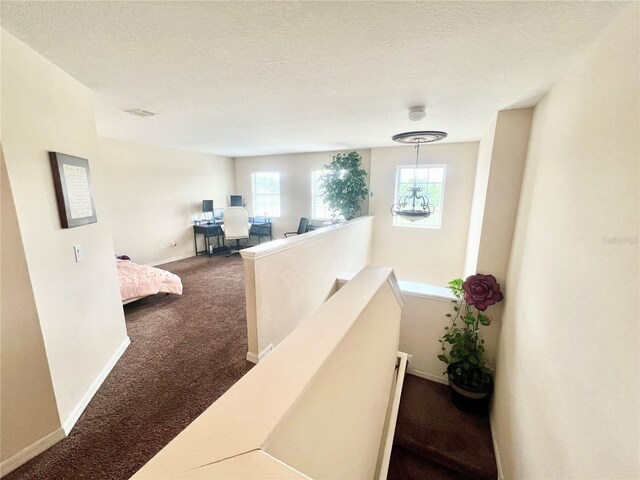 hall featuring a wealth of natural light, dark carpet, and a textured ceiling