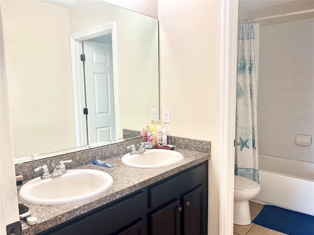 full bathroom with shower / tub combo with curtain, dual bowl vanity, toilet, and tile flooring