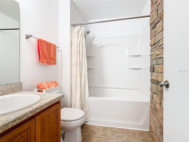 full bathroom with toilet, shower / tub combo with curtain, vanity, and tile flooring