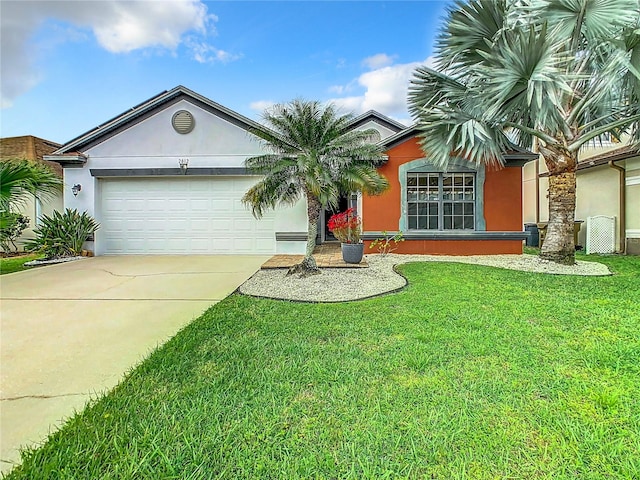 ranch-style home with a front yard and a garage