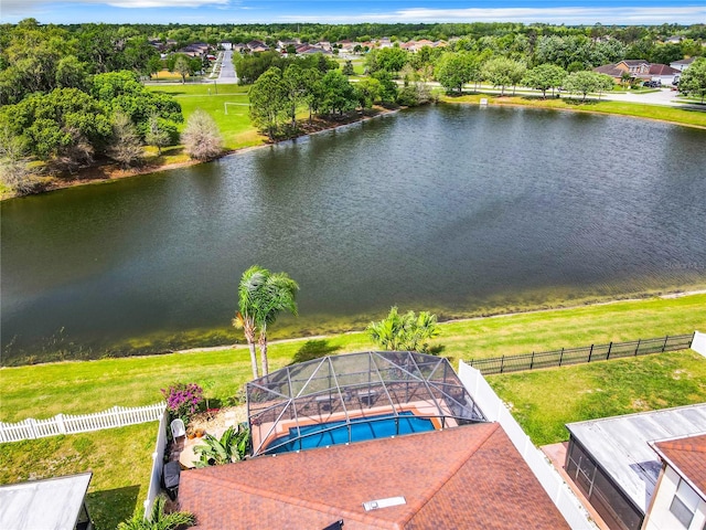 bird's eye view with a water view