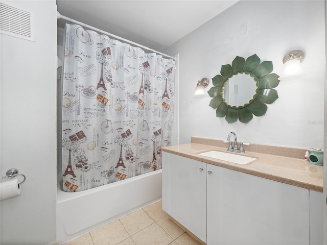 bathroom featuring tile patterned flooring, shower / bath combination with curtain, and vanity