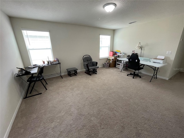 office area featuring light carpet and a textured ceiling