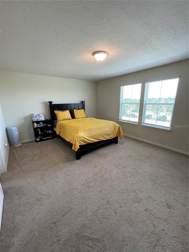 carpeted bedroom with a textured ceiling