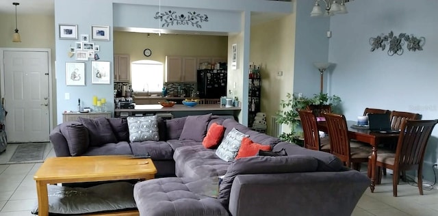 tiled living room with sink