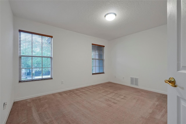 spare room featuring light colored carpet and a textured ceiling