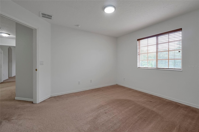 unfurnished room with light colored carpet and a textured ceiling