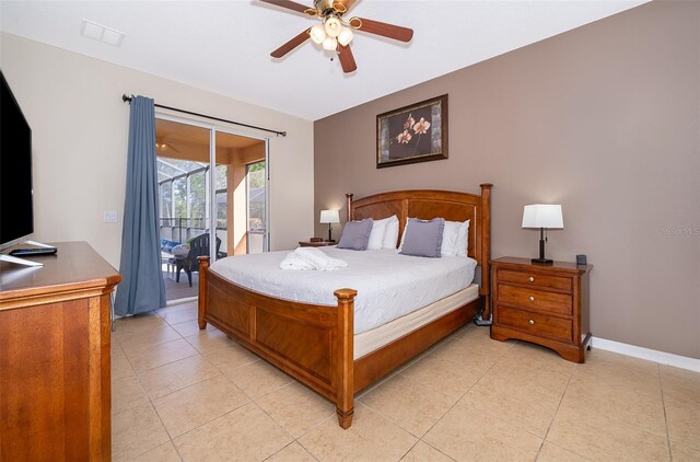 tiled bedroom featuring ceiling fan and access to outside