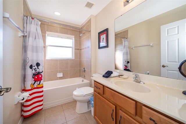 full bathroom featuring shower / tub combo, toilet, oversized vanity, and tile flooring