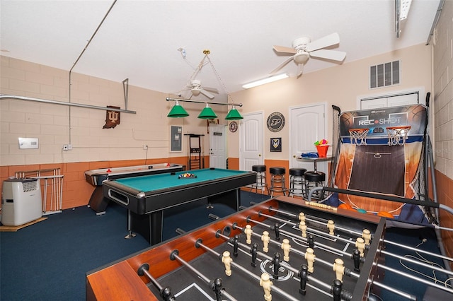 recreation room featuring ceiling fan and billiards