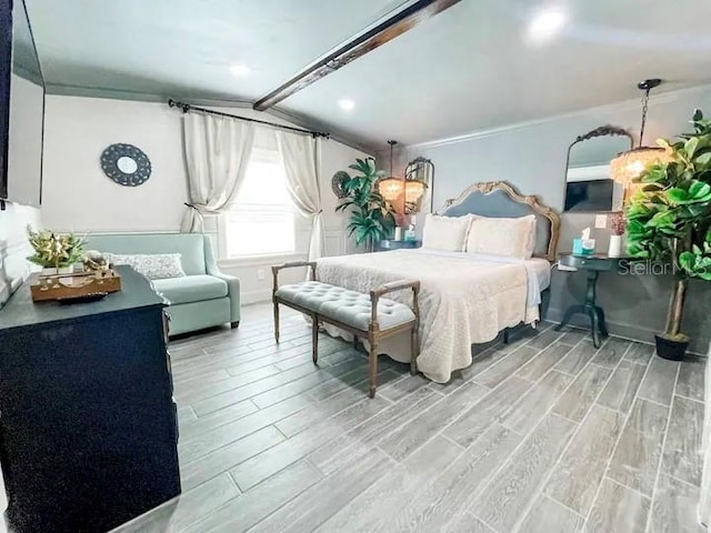 bedroom with light hardwood / wood-style flooring and vaulted ceiling with beams